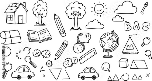 Detailed collection of hand-drawn doodles: educational items, nature scenes, everyday objects, and abstract shapes, perfect for learning and creative projects.