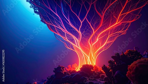 Abstract Glowing Tree with Neon Lights on a Dark Blue and Black Background