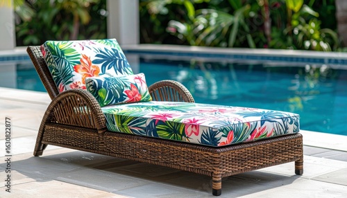 Wicker Chaise Lounge Chair with Tropical Cushions by Swimming Pool on Sunny Day