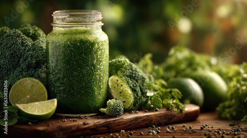 Healthy Green Smoothie with Broccoli and Lime, Fresh Vegan Detox Drink