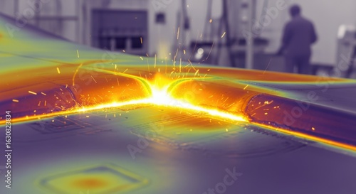 Thermal imaging of a hypersonic glidevehicles thermal shield bonding process highlighting heat distribution during adhesive curing.