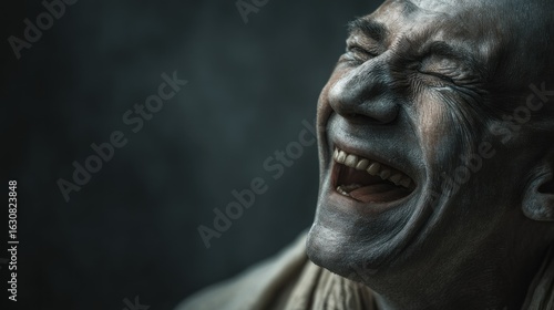 Expressive emotional portrait of a man overcome with intense laughter
