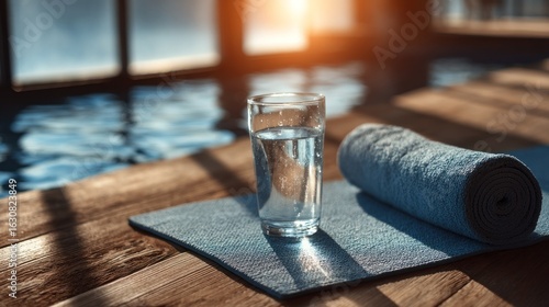 Refreshing hydration after exercise alongside calming poolside ambiance