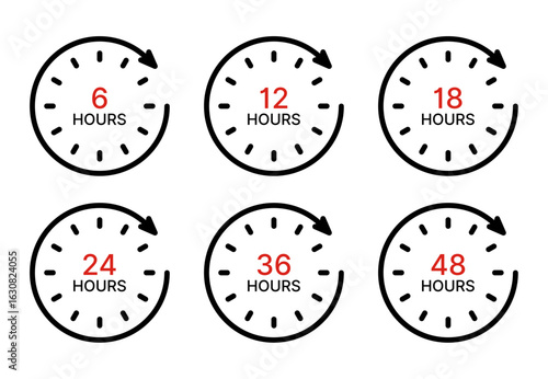 Set of clock icons with different hour counts from 6 to 48 hour time, showing duration concept for delivery periods.