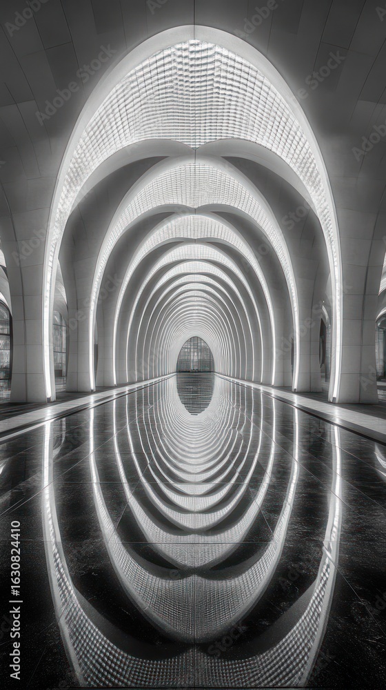 Fototapeta premium Symmetrical architectural hallway with reflective floor, creating an infinite visual effect. The arches are illuminated, adding depth and drama