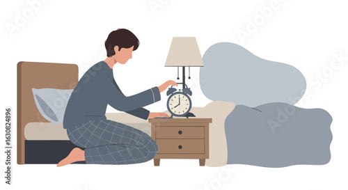 Vector Illustration of Man Turning Off Alarm Clock Bedside in Modern Minimalist Style with Calm Color Palette
