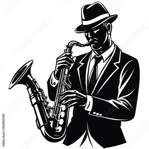 a jazz musician playing the saxophone. Classic and artistic mood, suitable for music festivals, events, and cultural promotion