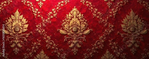 Intricate gold floral pattern on deep crimson brocade , weave, tapestry
