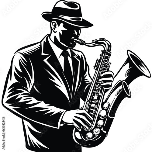 a jazz musician playing the saxophone. Classic and artistic mood, suitable for music festivals, events, and cultural promotion