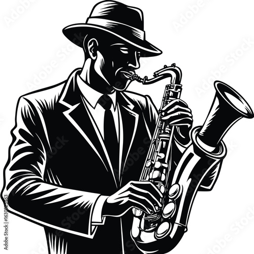 a jazz musician playing the saxophone. Classic and artistic mood, suitable for music festivals, events, and cultural promotion