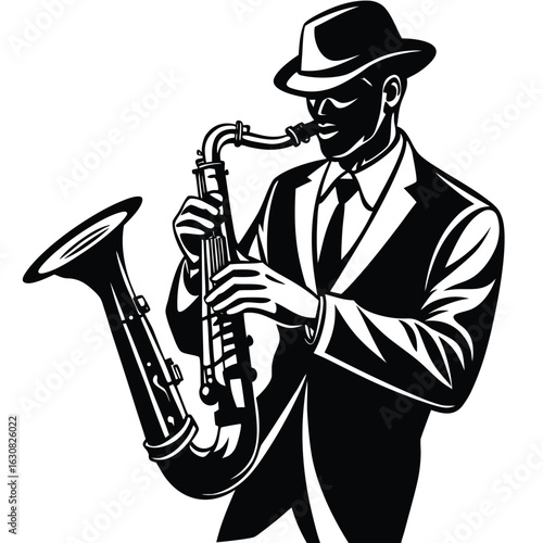a jazz musician playing the saxophone. Classic and artistic mood, suitable for music festivals, events, and cultural promotion