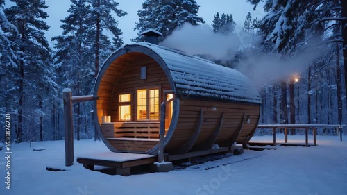 Cozy barrel sauna in snowy winter forest with smoke rising