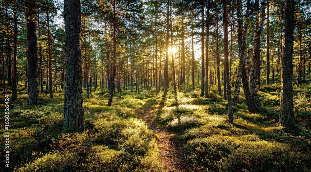 Fototapeta premium Golden Sunlight Filters Through Pine Forest