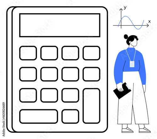 Large calculator, graph with sine wave, and a standing woman holding clipboard. Ideal for education, data analysis, finance, statistics, school projects, mathematical concepts simple flat metaphor
