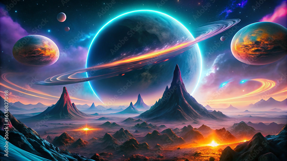 custom made wallpaper toronto digitalSurreal Alien Planet Landscape with Glowing Rings, Lava Volcanoes, and Bioluminescent Ocean – Sci-Fi Concept Art