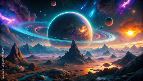 Surreal Alien Planet Landscape with Glowing Rings, Lava Volcanoes, and Bioluminescent Ocean – Sci-Fi Concept Art