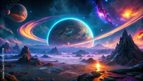 Wallpaper Mural Surreal Alien Planet Landscape with Glowing Rings, Lava Volcanoes, and Bioluminescent Ocean – Sci-Fi Concept Art Torontodigital.ca