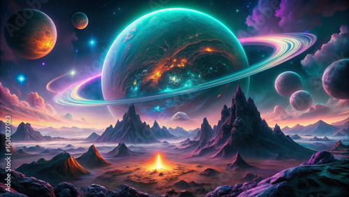 Surreal Alien Planet Landscape with Glowing Rings, Lava Volcanoes, and Bioluminescent Ocean – Sci-Fi Concept Art