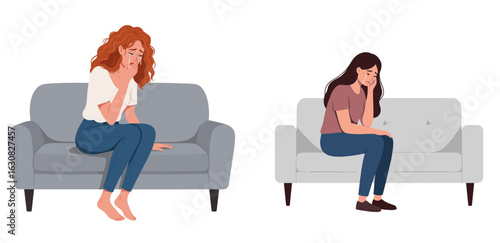 Womsn crying on sofas while feeling sad and distressed, transparent background, isolated, vector, set  