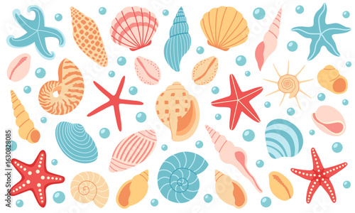 Flat vector summer set with colorful sea shells, starfish, bubbles scattered. Isolated. For scrapbooking, summer, sea, ocean, beach, vacation, tropical, card design and kids decor. Hand drawn items.