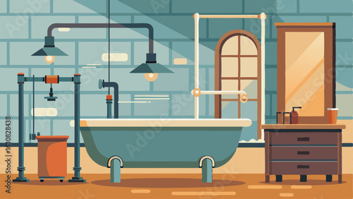 A modern industrial bathroom with a vintage clawfoot tub and exposed pipes.