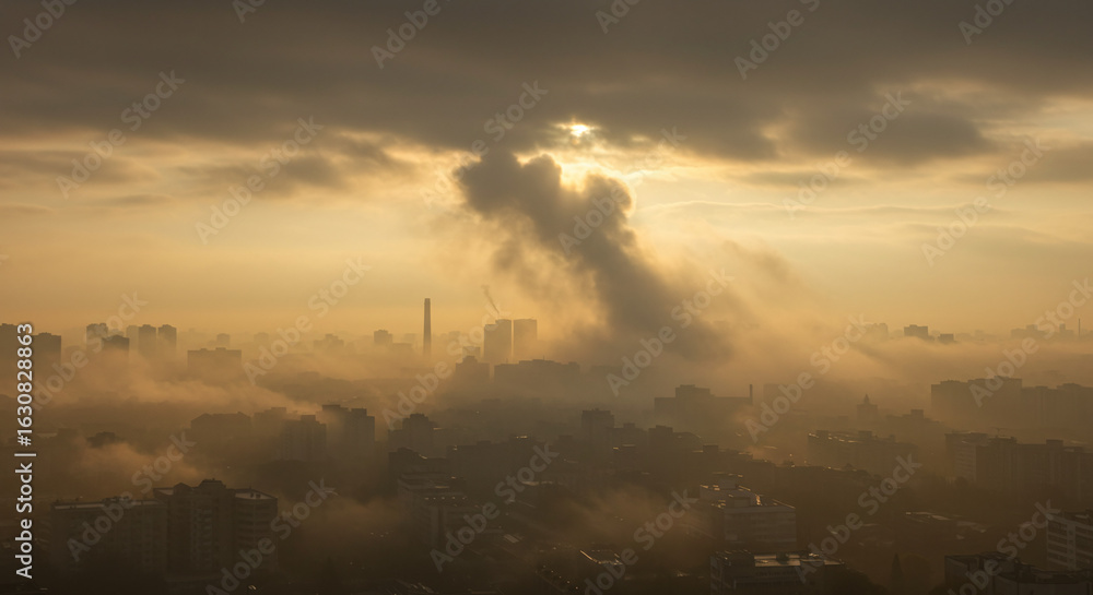 Naklejka premium Golden Hour Cityscape A Dramatic View of Urban Life Emerging from the Morning Mist, Capturing the Essence of a Vibrant Metropolis