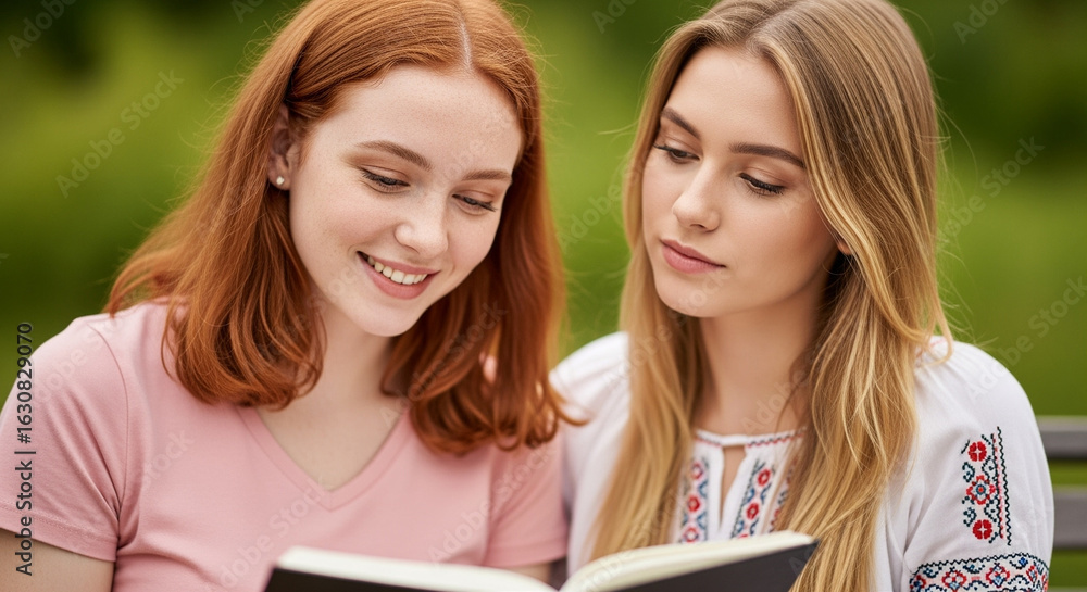 Two young women reading a book together outdoors Two young women reading a book together outdoors