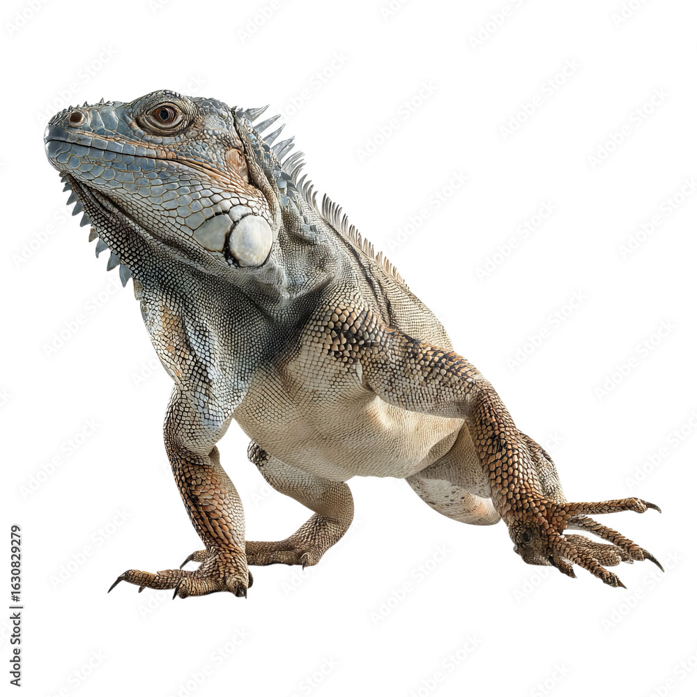 Obraz premium Png of A majestic blue iguana showcasing vibrant colors and detailed textures against a transparent background.