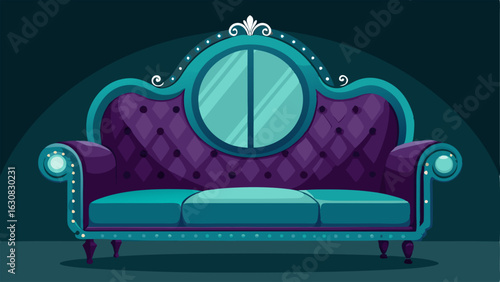 A plush velvet sofa in a deep jewel tone surrounded by metallic accents and mirrored surfaces.