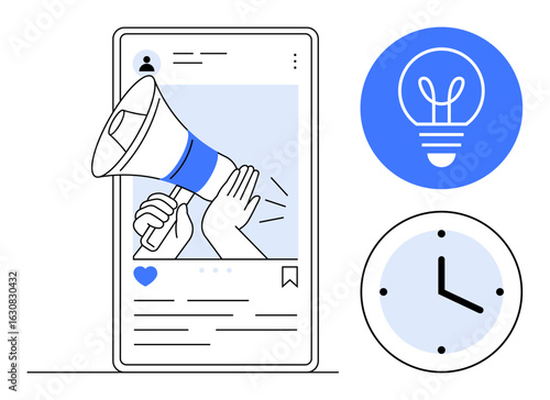 Smartphone screen highlights a social media post with a megaphone, accompanied by lightbulb and clock icons. Ideal for marketing, communication, advertising, creativity, time management, strategy