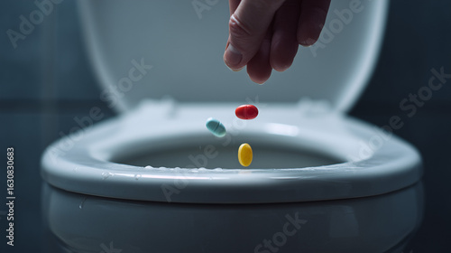 Rejecting medication concept – hand throwing pills into toilet bowl, symbolic healthcare decision