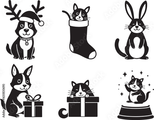 Cute cartoon pets ready for holiday cheer and gifting