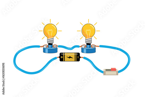 Series and parallel electrical circuits. Parallel circuit, Series circuit, basic electric circuits experiment vector. Kirchhoff voltage law. series and parallel circuits with Batter and light bulb