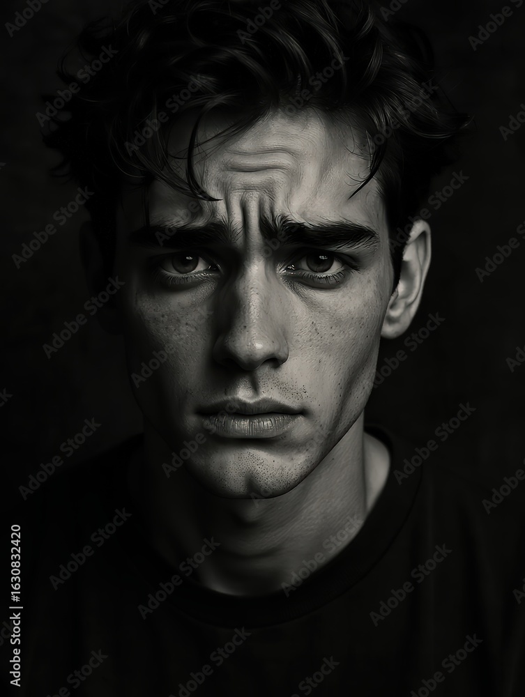Fototapeta premium Black and White Portrait of Young Man with Intense Expression and Freckles in Studio Lighting