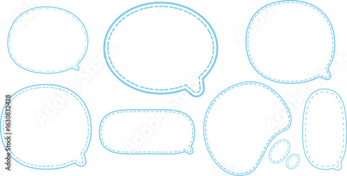 This is a collection of blue-outlined speech bubbles.
The most prominent style features a double outline: a solid blue line on the outside and a dashed blue line on the inside.
