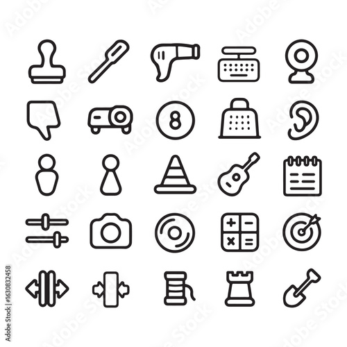 Various everyday objects and symbols in outline style stamp pipette