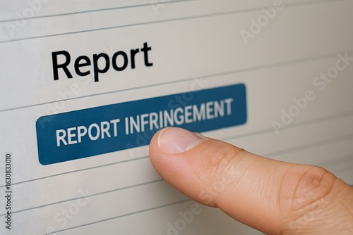 A finger pressing on a Report Infringement button. 