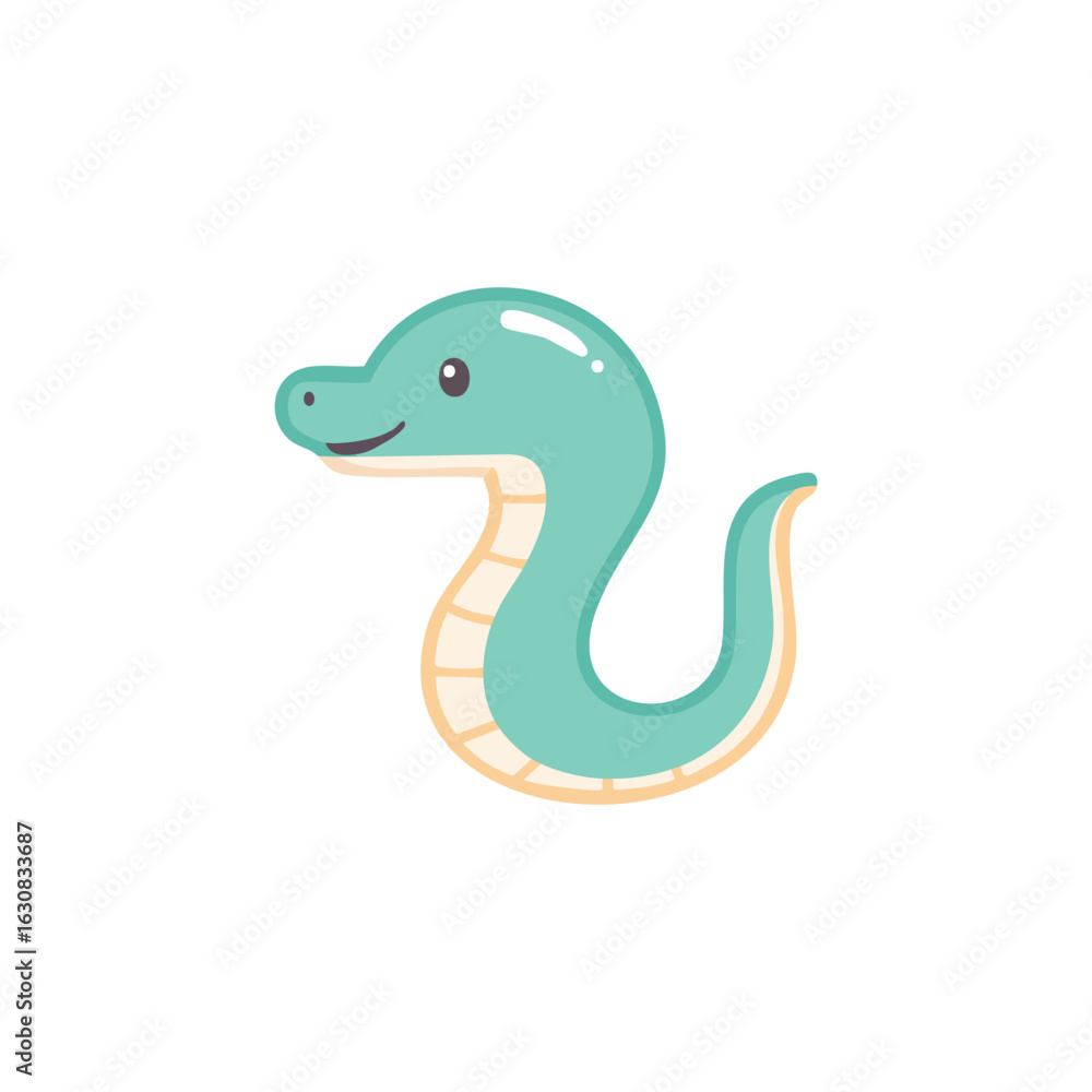 Fototapeta premium A cute, smiling eel in a cartoon style. The snake has a turquoise body with a cream-colored underbelly