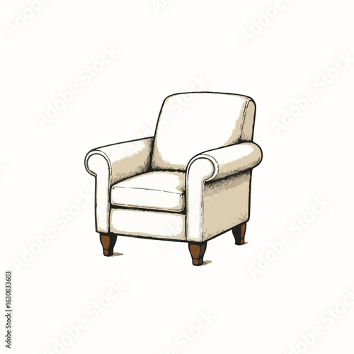 Vintage-style beige armchair with elegant curves and wooden legs placed on a minimalistic white background, cozy comfort concept of interior design or furniture store