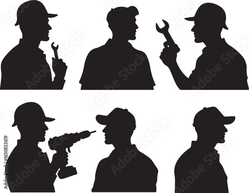 Skilled workers with tools construction industrial professionals silhouettes