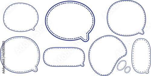This is a collection of blue-outlined speech bubbles.
The most prominent style features a double outline: a solid blue line on the outside and a dashed blue line on the inside.
