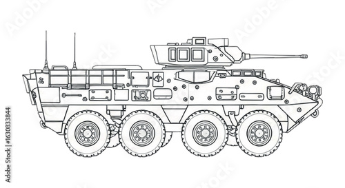 Technical Line Art of Stryker Armored Vehicle – Blueprint Style Vector Drawing with Structural Details