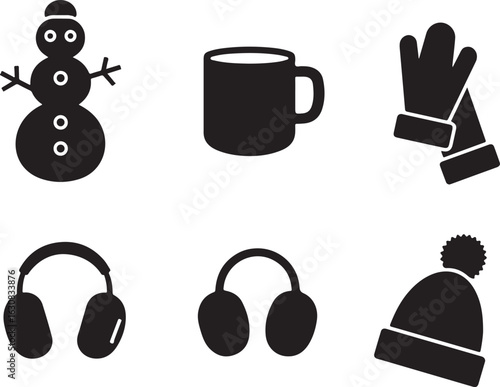 Cozy winter icons: snowman, mug, gloves, headphones, beanie
