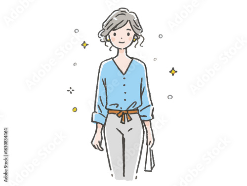 Cheerful elderly woman with grey hair smiling while holding a shopping bag, illustrated with a pastel background featuring sparkles, lifestyle concept of retail or fashion