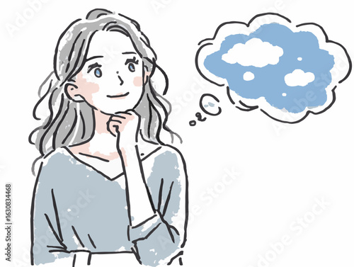 Thoughtful young woman with long wavy hair pondering under a blue cloud thought bubble, minimalistic background, concept of creative agency or personal development