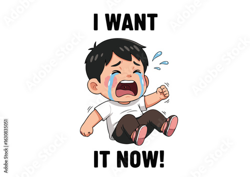 Crying Cartoon Boy with Tears Open Mouth Clenched Fist and Sad Expression.