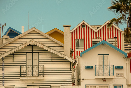 Colorful striped fisherman houses in Costa Nova, Aveiro, Portugal.