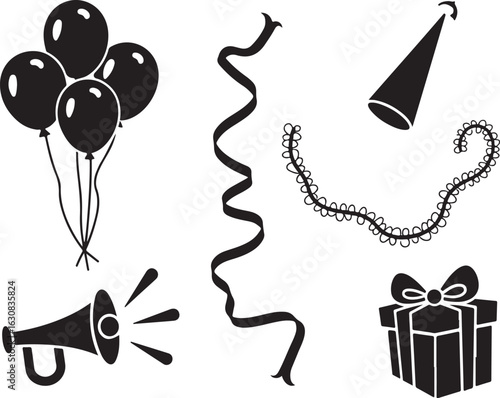 Celebrate with festive balloons, party hat, gift, and ribbon!