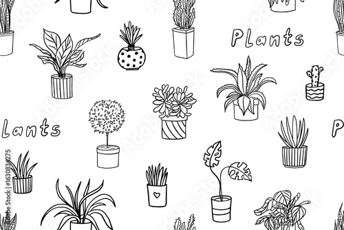 Seamless pattern of plants. Herbs in pot, indoor plants, small plants, gardening, potted plant. Hand drawn	