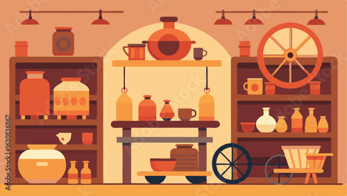 A pottery studio with various wheels and kilns surrounded by shelves of finished pieces.